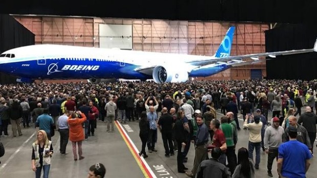 A PICTURE OF BOEING'S NEW 777X AT THE LAUNCH IN SEATTLE