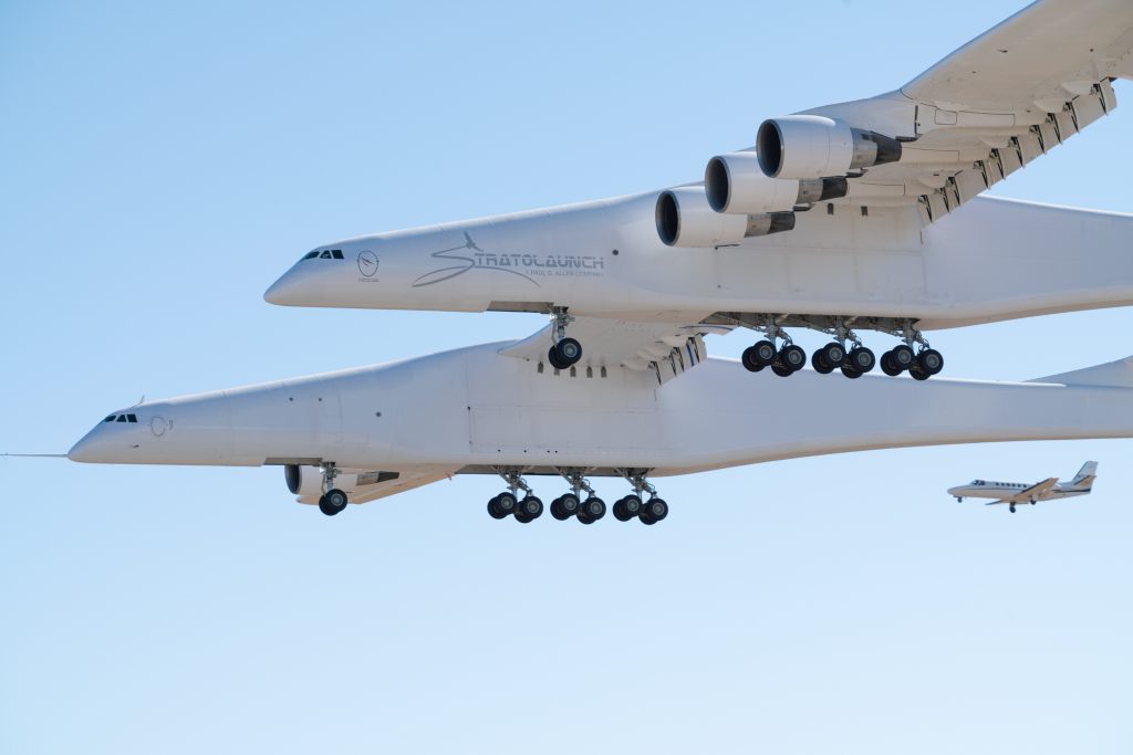  A PICTURE OF THE STRATOLAUNCH AND CHASE PLANE ON FIRST FLIGHT