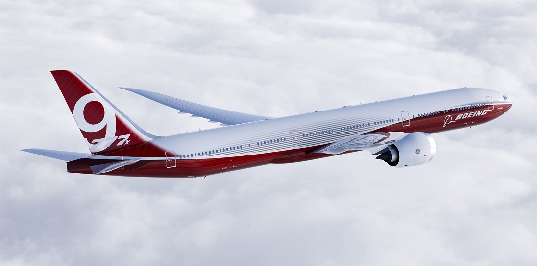 A PICTURE OF THE BOEING 777-9 AIRCRAFT IN THE SKY