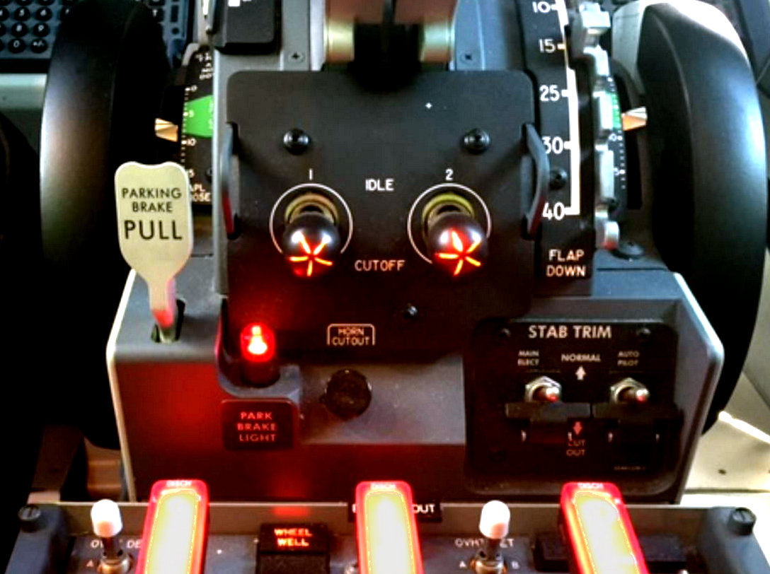 A PICTURE OF THE 737 MAX PEDESTAL CONTROLS ( NOTE STAB TRIM SWITCHES)