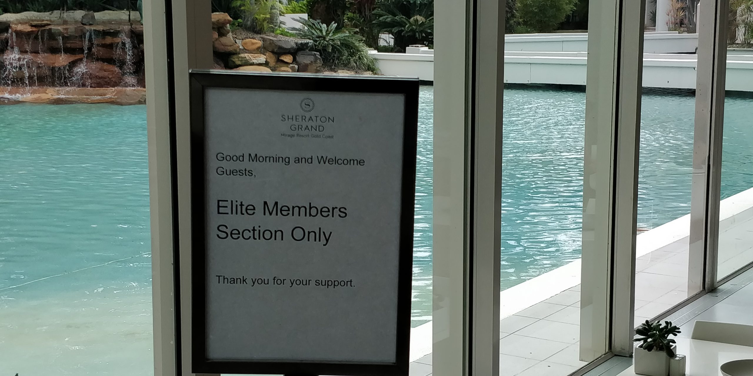 Review the Grand Mirage Resort
The sign welcoming Elite member's to a special private section for breakfast