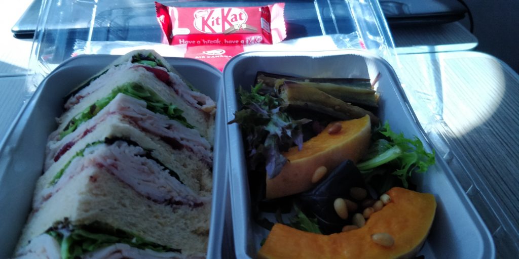 a picture of supper which was sandwiches, fruit, and a kit kat chocolate bar, plus a bottle of water while flying the coop.