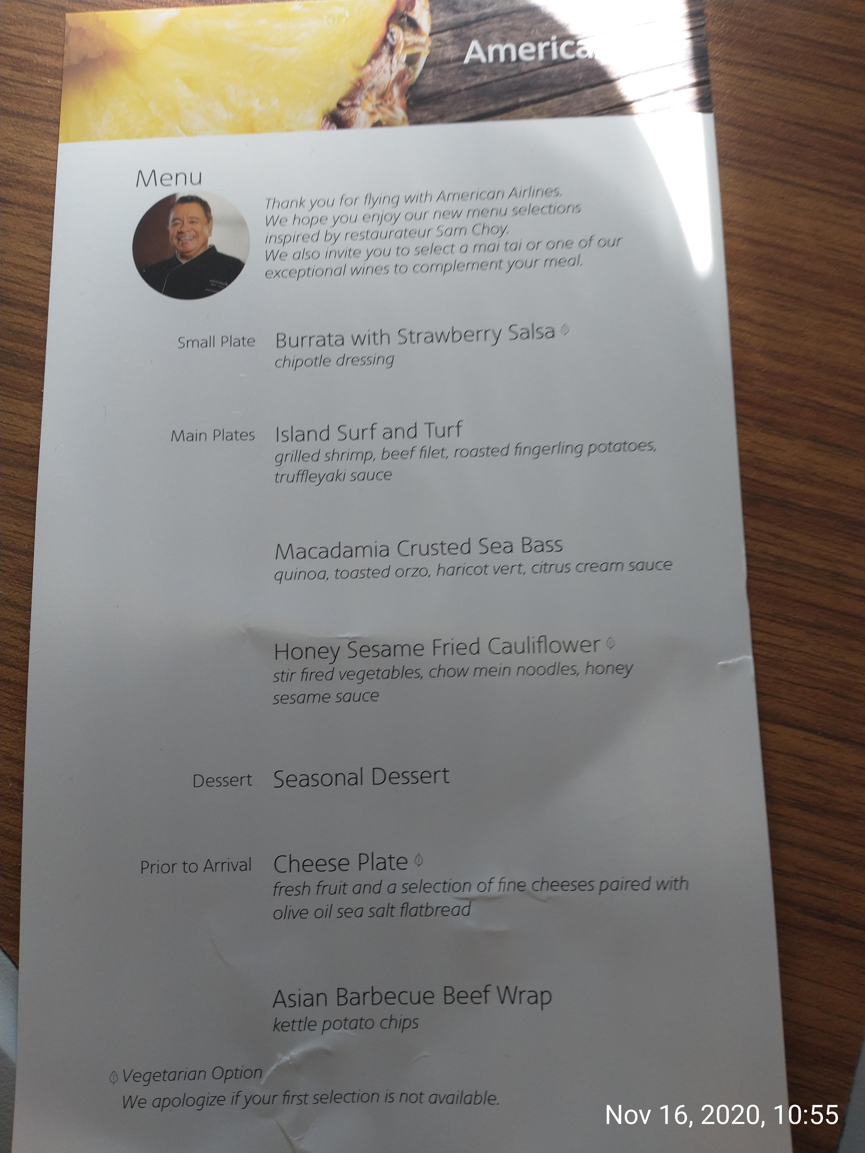 picture of the first class menu on the flight to Honolulu.