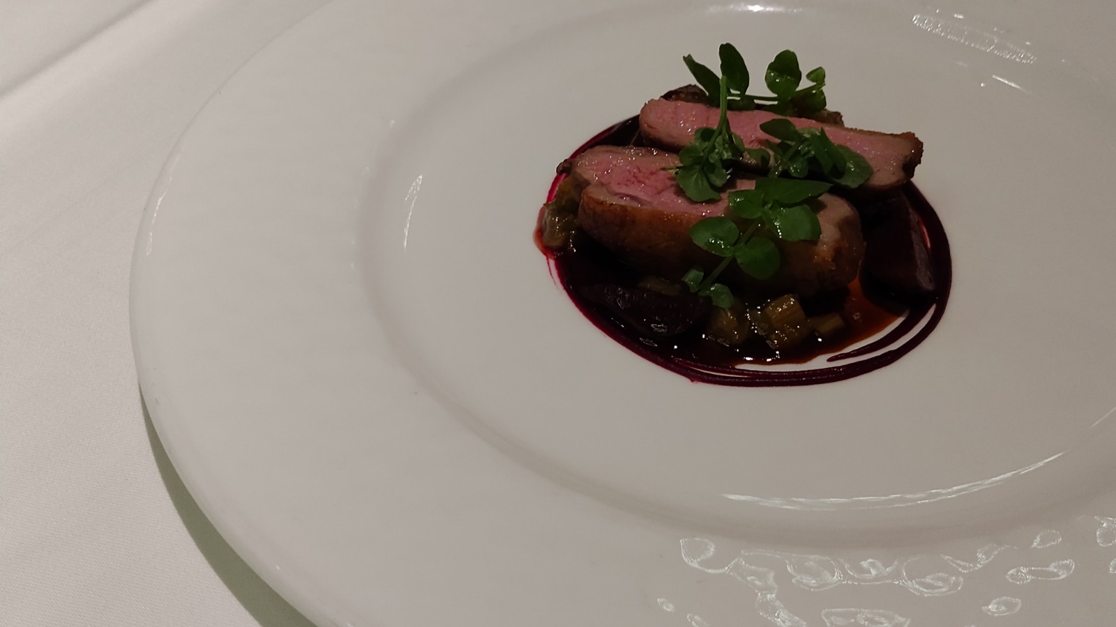 PICTURE OF THE PAN ROASTED DUCK BREAST
Oprah Farms Red Beets, Stewed Green Kula Rhubarb, Watercress and Balsamic Li hing Jus