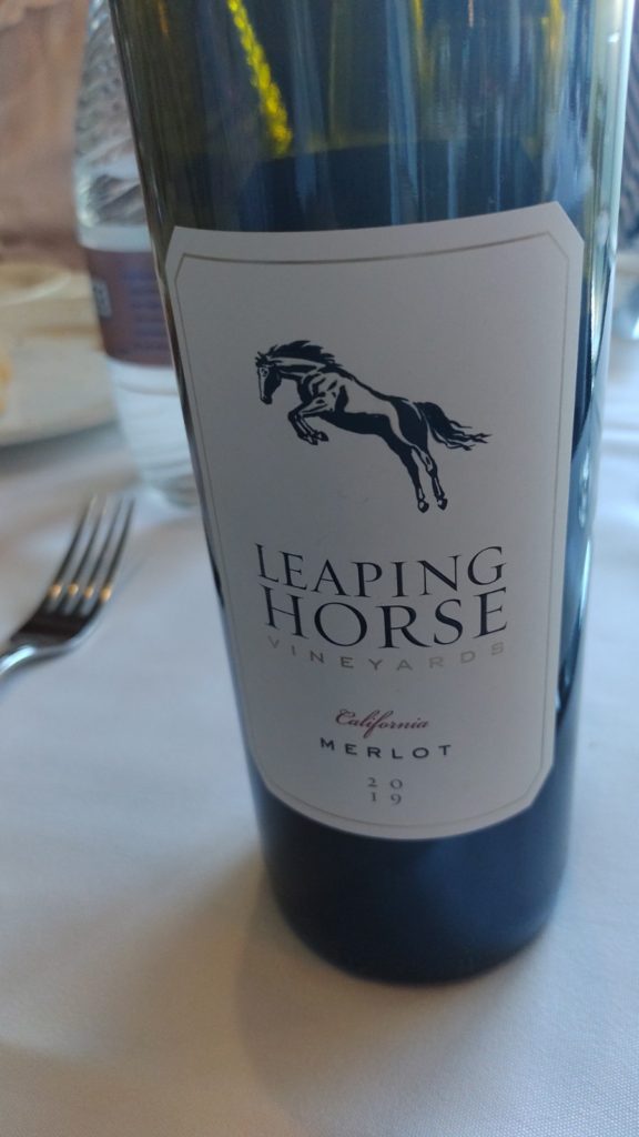 A pictureof a bottle of Leaping Horse Merlot that we oredered.