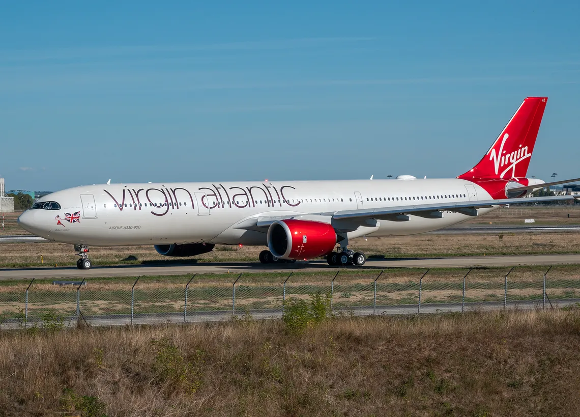 picture of a virgin atlantic a330neo taxiing out to the runway.