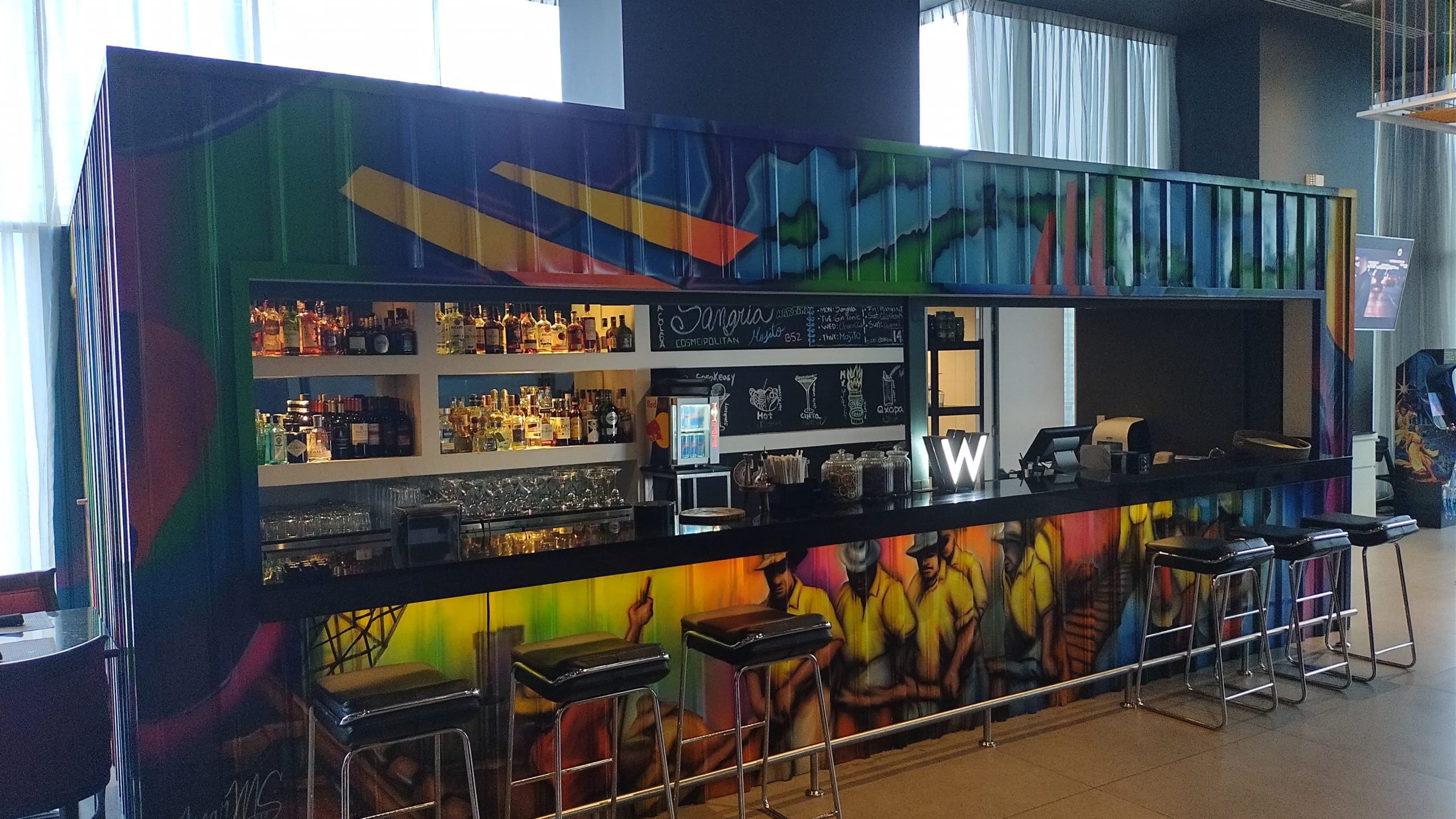 PICTURE OF THE LOBBY BAR WHICH IS MADE FROM OLD SHIPPING CONTAINERS.