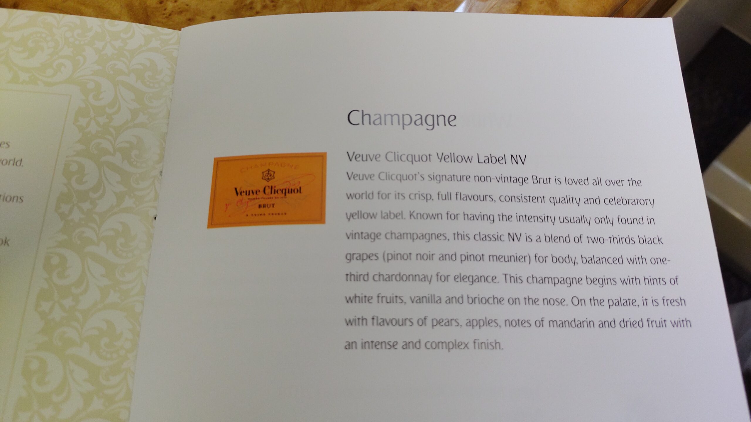 picture of the menu describing the champagne on board.