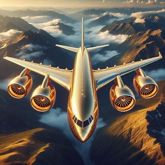 picture of a large four engined golden jet airliner.