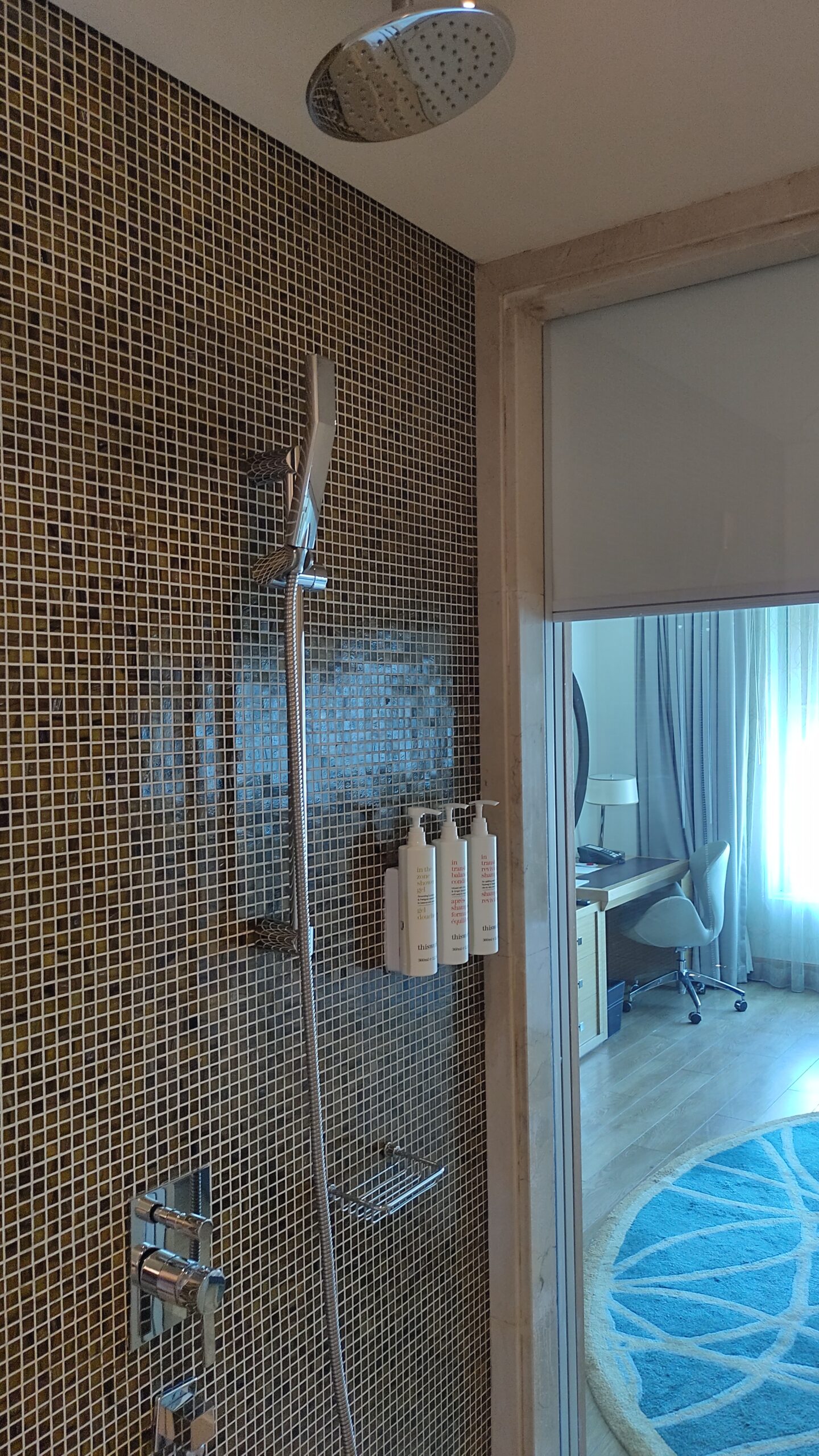 PICTURE OF THE SHOWER WITH A WINDOW LOOKING OUT TO THE ROOM.
