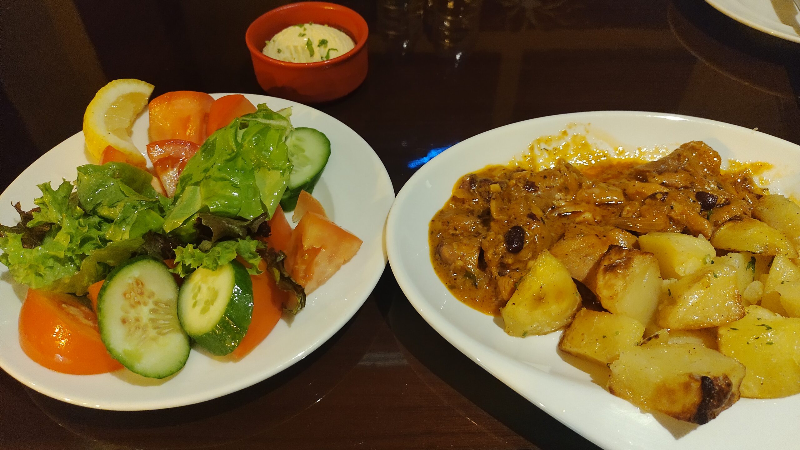 TWO PLATES SHOWING A TYPICAL MEAL FROM THE BUFFET.