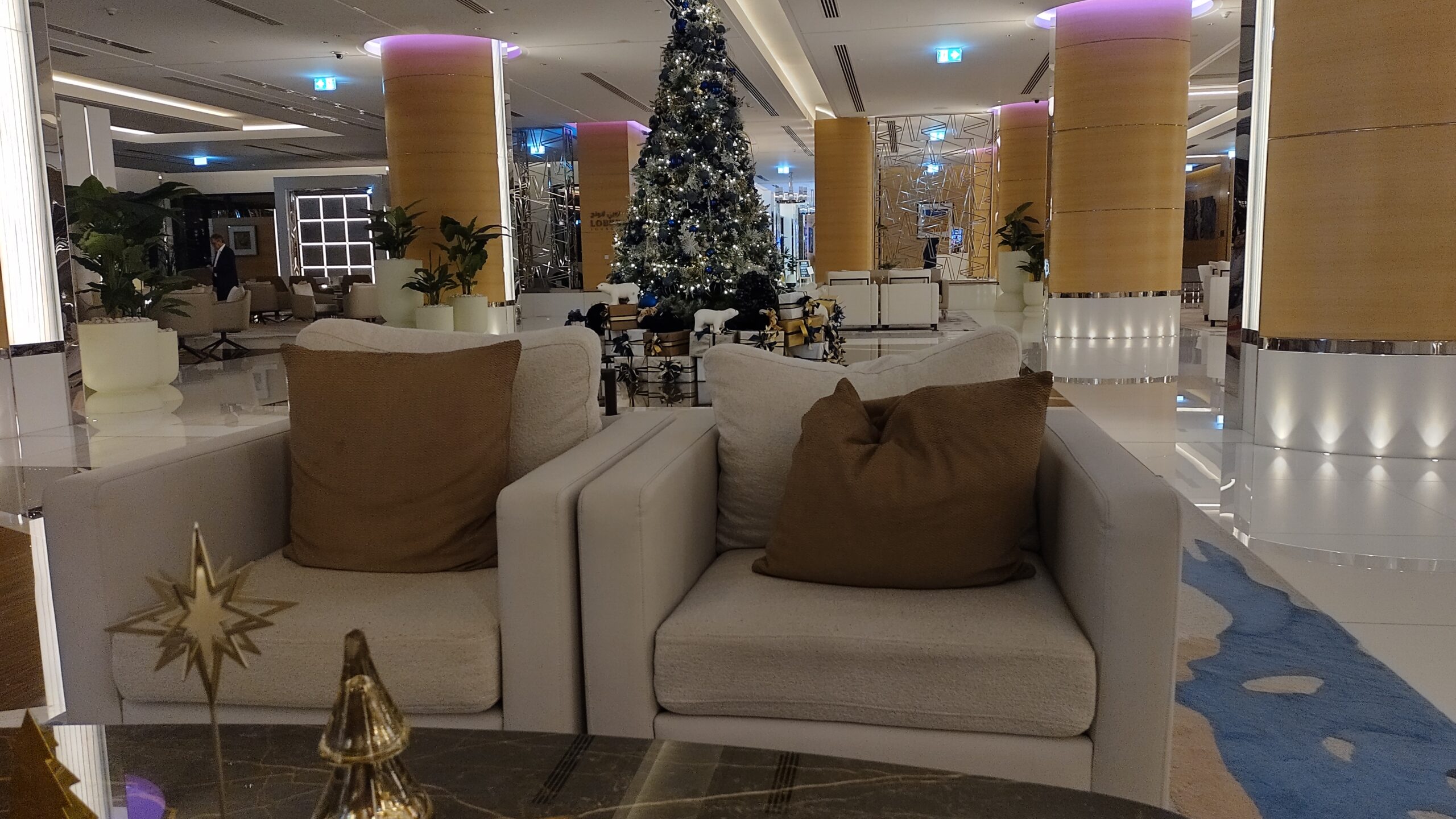 PICTURE OF THE LOBBY WITH CHRISTMAS TREE IN THE BACKGROUND.