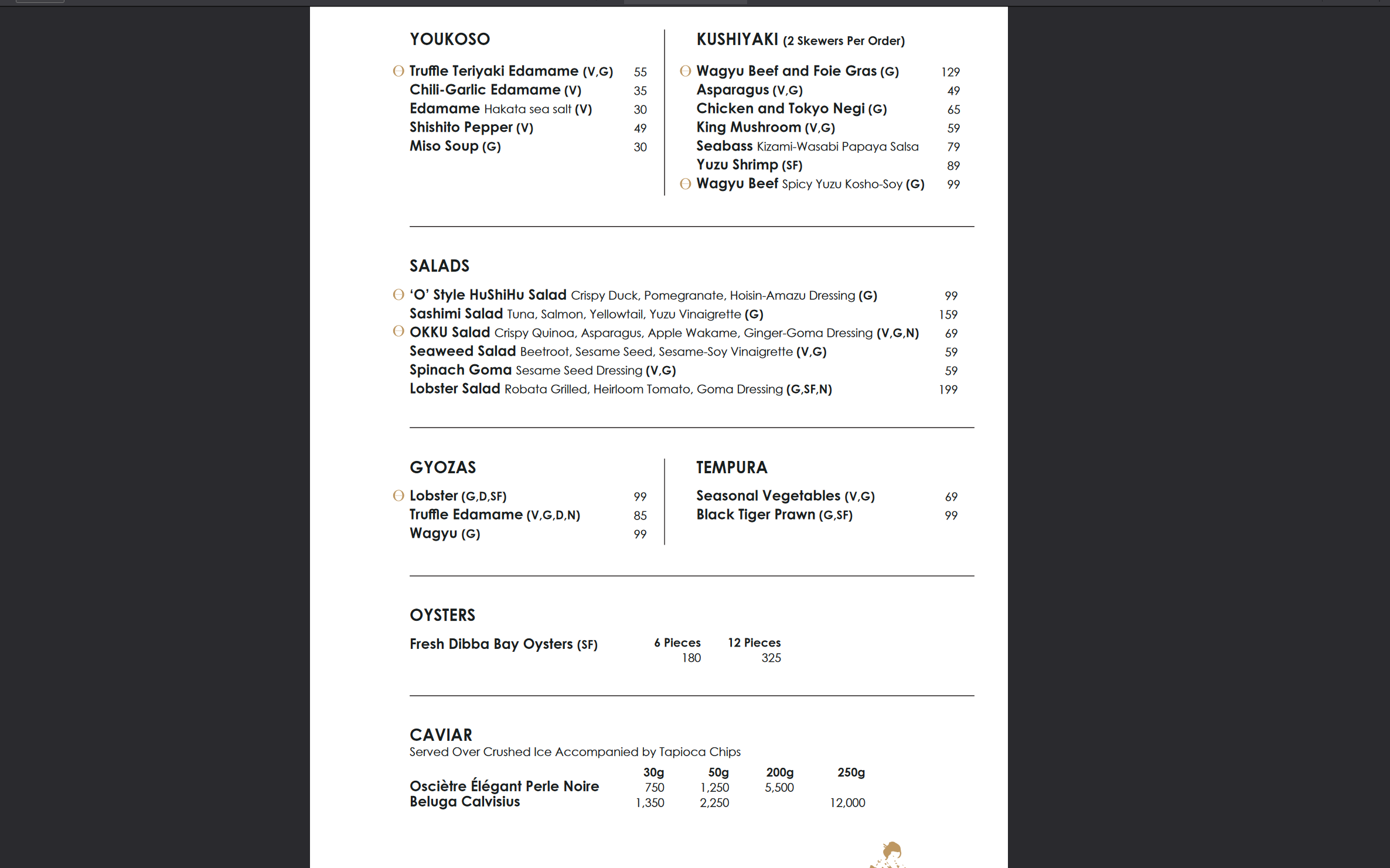 PAGE ONE OF THE MENU SHOWING STARTERS AND SALADS.