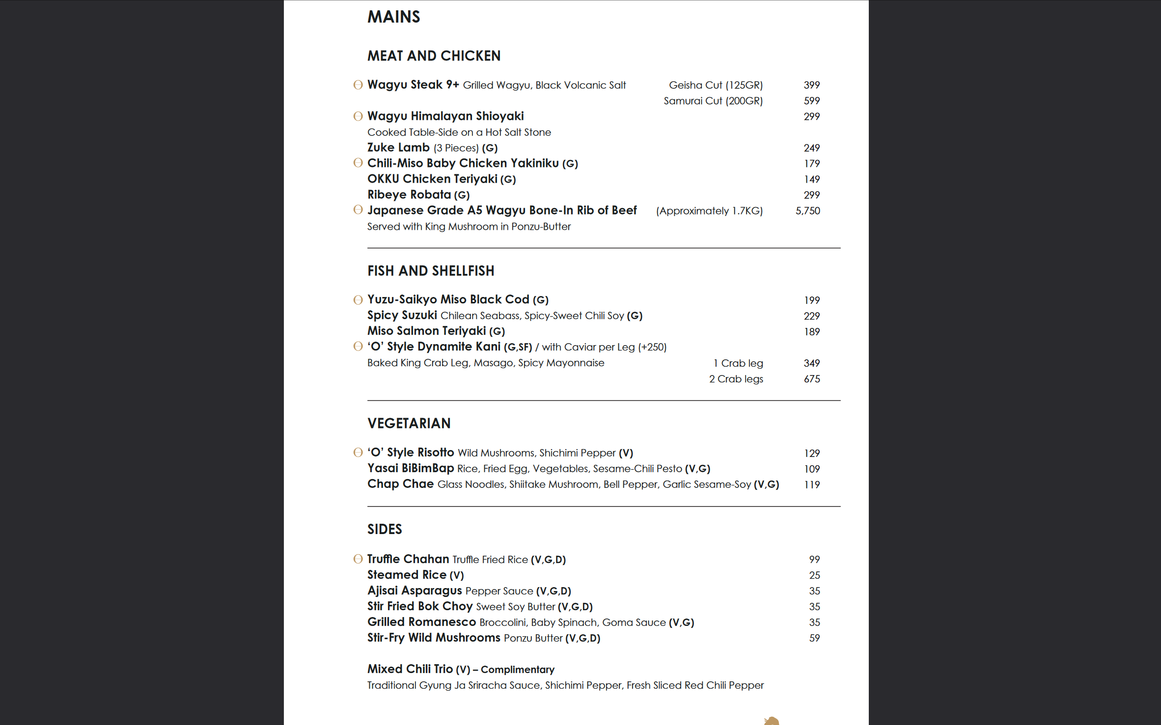 PAGE THREE OF MENU SHOWING MAIN DISHES AND SIDES.