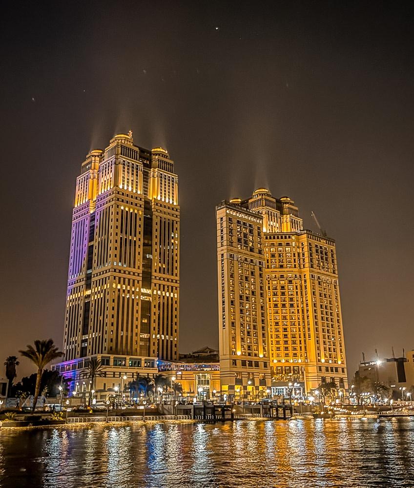 EVENING PICTURE OF THE FAIRMONT HOTEL ON THE BANKS OF THE NILE.